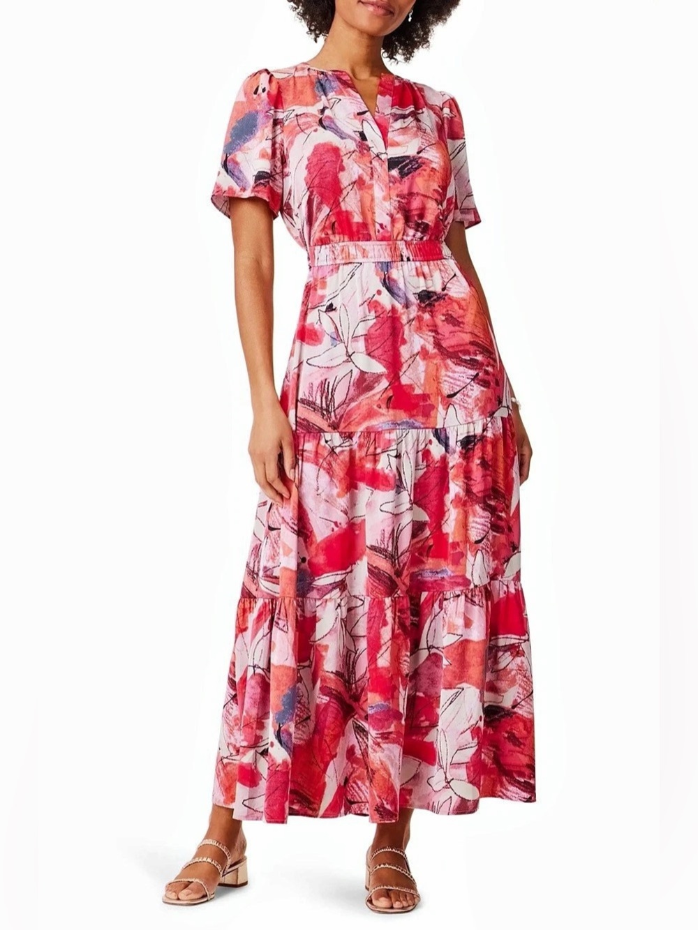NIC+ZOE Scribble Bouquet Floral Tiered Maxi Dress Pink Orange Plus 2X